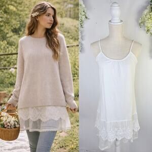 Winter Lennon Tank Tunic Slip Extender Layer Medium Ivory Lace Boho Cottagecore